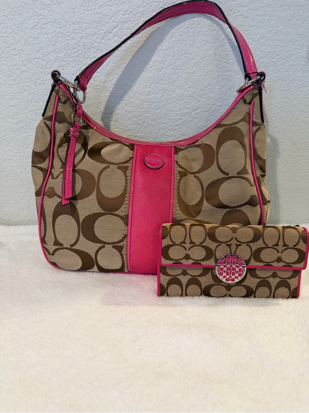Coach Brown Signature Canvas Shoulder Bag with Pink Trim and Matching Wallet